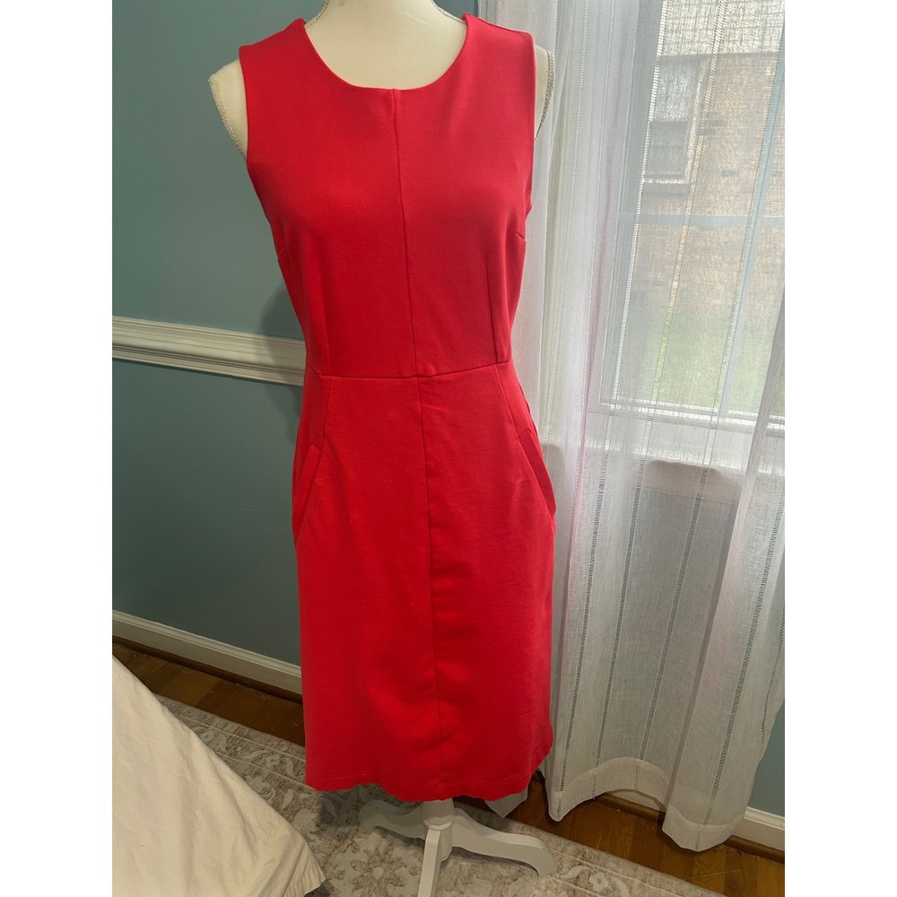Lands End Red Orange Sleeveless Sheath Dress Sz 8 Pockets Ponte Knit Knee Length